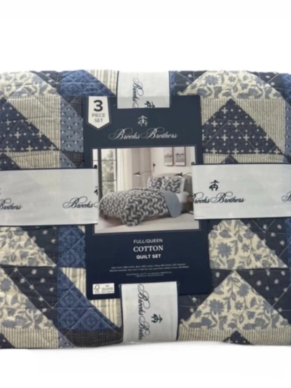Brooks Brothers Blue and White Cotton Full/Queen Quilt Set